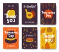 Thanksgiving day card, postcard, poster, flyer with apple, turkey, pumpkin, hat, pie, autumn leaves, thank you quote.