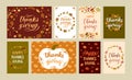 Thanksgiving day cards. Autumn holiday lettering with fall leaves and pumpkins, happy thanks giving vector set Royalty Free Stock Photo