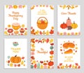 Thanksgiving day cards. Autumn rustic poster, flyers with flowers, pumpkin pie falling leaves. Happy thankful greetings