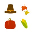 Thanksgiving day collection: hat, leaves.corn and pumpkin. Clip art vector icons Royalty Free Stock Photo