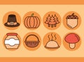 Thanksgiving day, collection icons hat pumpkin tree acorn food Royalty Free Stock Photo