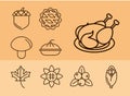 Thanksgiving day, collection icons hat pumpkin tree acorn food Royalty Free Stock Photo