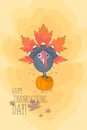 Thanksgiving Day colorful greeting card banner with a picture of a turkey sitting on a pumpkin