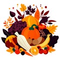 Thanksgiving day composition. Autumn leaves, pumpkins, fruits and vegetables. Vector illustration. Generative AI
