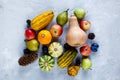 Thanksgiving day composition of vegetables and fruits on gray background. Autumn harvest concept.