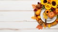 Thanksgiving day concept. Top view photo of plate fork knife napkin vegetables pumpkin zucchini apple pear sunflowers walnut