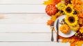 Thanksgiving day concept. Top view photo of plate fork knife napkin vegetables pumpkin zucchini apple pear sunflowers walnut pine