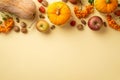 Thanksgiving day concept. Top view photo of raw vegetables pumpkins gourd apples walnuts acorns rowan berries and physalis on