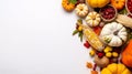 Thanksgiving day concept. Top view photo of raw vegetables pumpkins gourd maize pattypans walnut acorn and rowan berries on