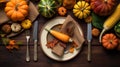 Thanksgiving day concept. Top view photo of table setting plate knife fork napkin raw vegetables pumpkins isolated dark wooden,