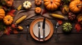 Thanksgiving day concept. Top view photo of table setting plate knife fork napkin raw vegetables pumpkins isolated dark wooden, Royalty Free Stock Photo