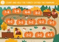 Thanksgiving Day counting dice board game for children with cute turkey driving a car with pumpkins. Autumn holiday boardgame with