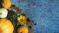 Pumpkin, watermelon and autumn leaves on a wooden background.