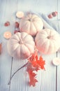 Thanksgiving Day dinner. Holiday served table decorated with pumpkins, autumn bright colorful leaves Royalty Free Stock Photo