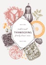 Thanksgiving day dinner menu design in color. With roasted turkey, cooked vegetables, rolled meat, baking cakes and pies sketches Royalty Free Stock Photo