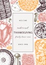 Thanksgiving day dinner menu design in color. With roasted turkey, cooked vegetables, rolled meat, baking cakes and pies sketches Royalty Free Stock Photo