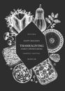 Thanksgiving day dinner menu design ion chalkboard. With roasted turkey, cooked vegetables, rolled meat, baking cakes and pies Royalty Free Stock Photo