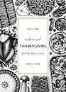 Thanksgiving day dinner menu design. With roasted turkey, cooked vegetables, rolled meat, baking cakes and pies sketches. Vintage