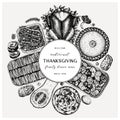 Thanksgiving day dinner menu round design. With roasted turkey, cooked vegetables, rolled meat, baking cakes and pies sketches. Royalty Free Stock Photo