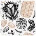 Thanksgiving day dishes seamless pattern. Roasted turkey, rolled meat, gratin, mashed potato, suffered pepper sketches.