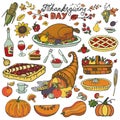 Thanksgiving day.Doodle food icons.Colorful set Royalty Free Stock Photo