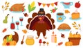 Thanksgiving day elements set. Turkey in pilgrim hat. Pie, cornucopia, corn, wine, candles, garland, honey. Basket pumpkins Royalty Free Stock Photo