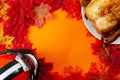 Thanksgiving day football game, happy autumn holiday and festive gameday concept with top view of roasted turkey and american