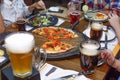 Thanksgiving Day, Friendly dinner, Beer, pizza, close up Royalty Free Stock Photo