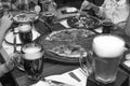 Thanksgiving Day, Friendly dinner, Beer, pizza, close up Royalty Free Stock Photo