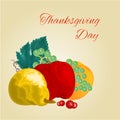 Thanksgiving day Fruits pear apple orange grape wine celebratory food vintage vector illustration editable