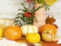 Thanksgiving day with fruits and vegetables on the table. Autumn harvest at a time of abundance. Royalty Free Stock Photo