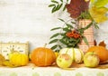 Thanksgiving day with fruits and vegetables on the table. Autumn harvest at a time of abundance. Royalty Free Stock Photo