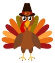 Thanksgiving Day. Funny cartoon character turkey bird in pilgrim hat. Vector illustration isolated on white Royalty Free Stock Photo