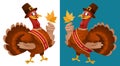 Thanksgiving Day. Funny cartoon turkey in a pilgrim hat keeps