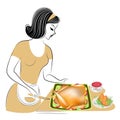 Thanksgiving Day. The girl is preparing a festive meal. A woman is cutting a turkey. The lady made a sauce, vegetables. Vector