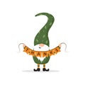 Thanksgiving day gnome. Cute scandinavian dwarf with garland. Holiday banner or card with little leprechaun. Hand drawn