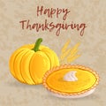 Thanksgiving day greeting card, banner or background with pumpkin, traditional pie and wheat ears. Hand drawn style Royalty Free Stock Photo