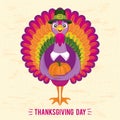 Thanksgiving Day greeting card with cute happy cartoon of turkey bird and pumpkin. Royalty Free Stock Photo