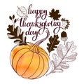 Thanksgiving Day greeting card.Hand drawn lettering with stylized pumpkins, leaves, acorns in autumn colors.Thanksgiving Day Royalty Free Stock Photo