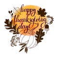 Thanksgiving Day greeting card.Hand drawn lettering with stylized pumpkins, leaves, acorns in autumn colors.Thanksgiving Day Royalty Free Stock Photo