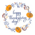 Thanksgiving Day greeting card.Hand drawn lettering with stylized pumpkins, leaves in autumn colors.Thanksgiving Day design Royalty Free Stock Photo