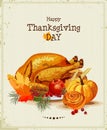 Thanksgiving day. Greeting card with turkey, pumpkin, autumn leaves, apples, berries, fruits, vegetables. Royalty Free Stock Photo