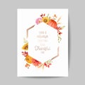 Thanksgiving day greeting invitation card, flyer, banner, poster template. Autumn pumpkin, flower, leaves Royalty Free Stock Photo