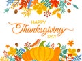 Thanksgiving Day. Hand drawn Happy Thanksgiving cover with lettering and holiday elements fall yellow leaves and berries Royalty Free Stock Photo