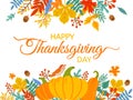 Thanksgiving Day. Hand drawn Happy Thanksgiving cover with lettering and holiday elements fall yellow leaves and berries vector Royalty Free Stock Photo