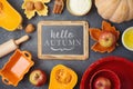 Thanksgiving day and hello autumn background with chalkboard, apples and pumpkin pie ingredients Royalty Free Stock Photo