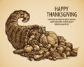 Thanksgiving Day. Holiday Greeting Card. Vintage Sketch Cornucopia With Fruits And Vegetables