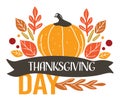 Thanksgiving day holiday greeting, pumpkin and dry leaves