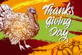 Thanksgiving day, holiday poster, turkey domestic fow, calligraphy text hand drawn vector illustration sketch Royalty Free Stock Photo