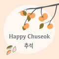 Thanksgiving Day in Korea. Autumn persimmon tree. Rich harvest. Greeting card Happy Chuseok, Hangawi. Korean caption